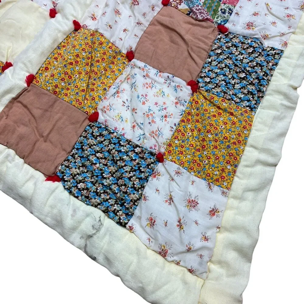 Handmade Vintage Quilted Baby Blanket Squares Patchwork Handtied Batting